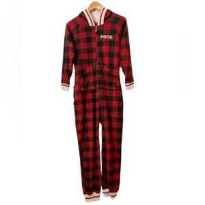 POOK red Buffalo plaid fleece onsie unisex XXS
